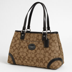 Coach Signature Brown Canvas Satchel Tote Bag F23721 Kisslock Frame Leather Trim